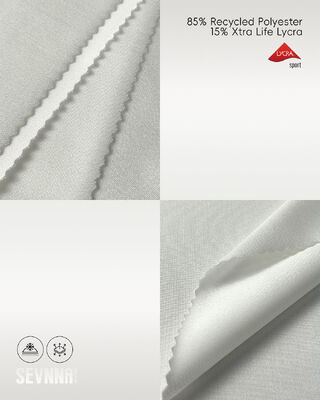 ৮৫% পুনর্ব্যবহৃত পলিয়েস্টার, ইউভি সুরক্ষা এবং সক্রিয় পোশাক ও সাঁতারের পোশাকের জন্য আর্দ্রতা শোষণকারী সহ স্ট্রেচ লাইক্রা ফ্যাব্রিক